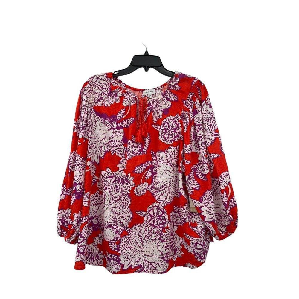 Calligraphie Blouse Womens 3X NEW Linen Blend Red Purple White